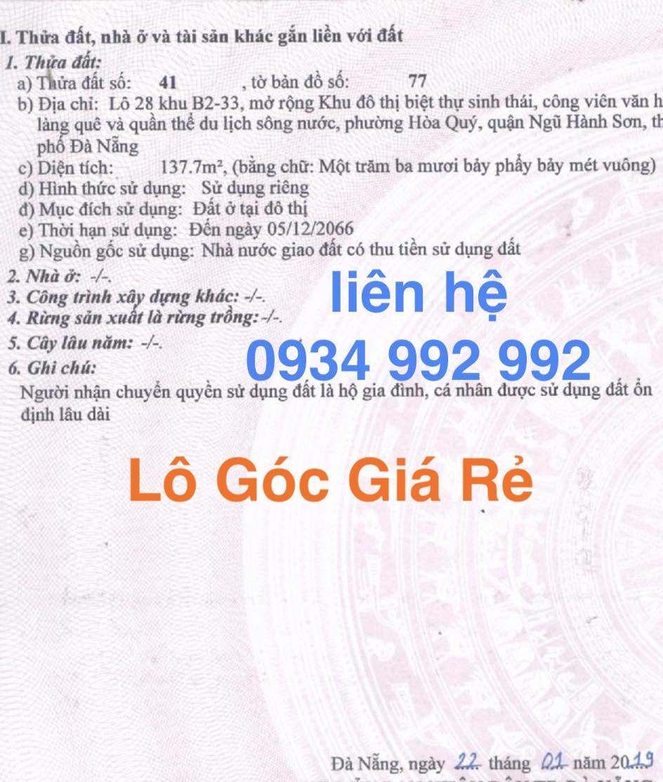 Bán lô góc đường Trung hoà 1 khu võ chí công nối dài giá rẻ