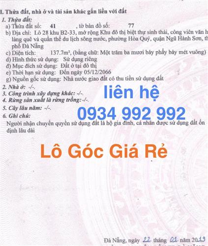 Bán lô góc đường Trung hoà 1 khu võ chí công nối dài giá rẻ